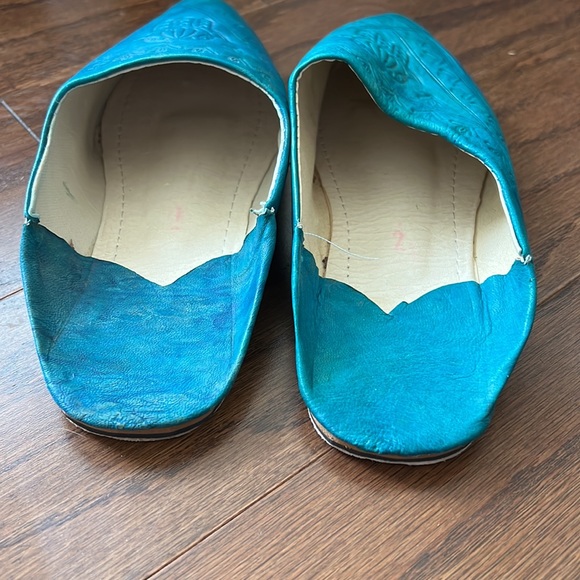 Teal Vrai Cuir Moroccan Hamsa Hand Mules handmade slipper size 7/8 - Picture 3 of 5